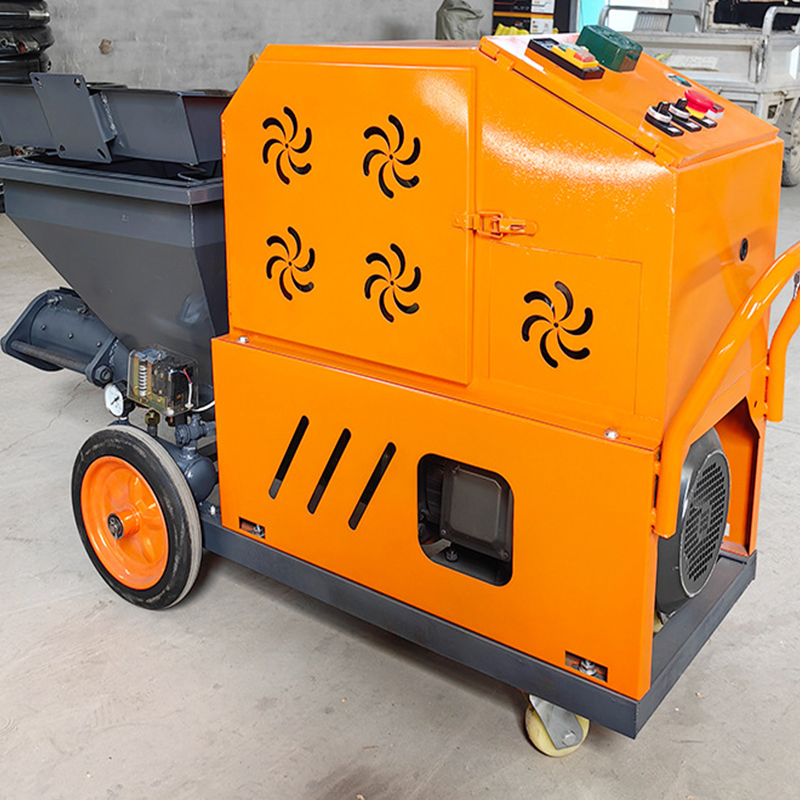 mortar spraying machine rendering plaster on interior wall